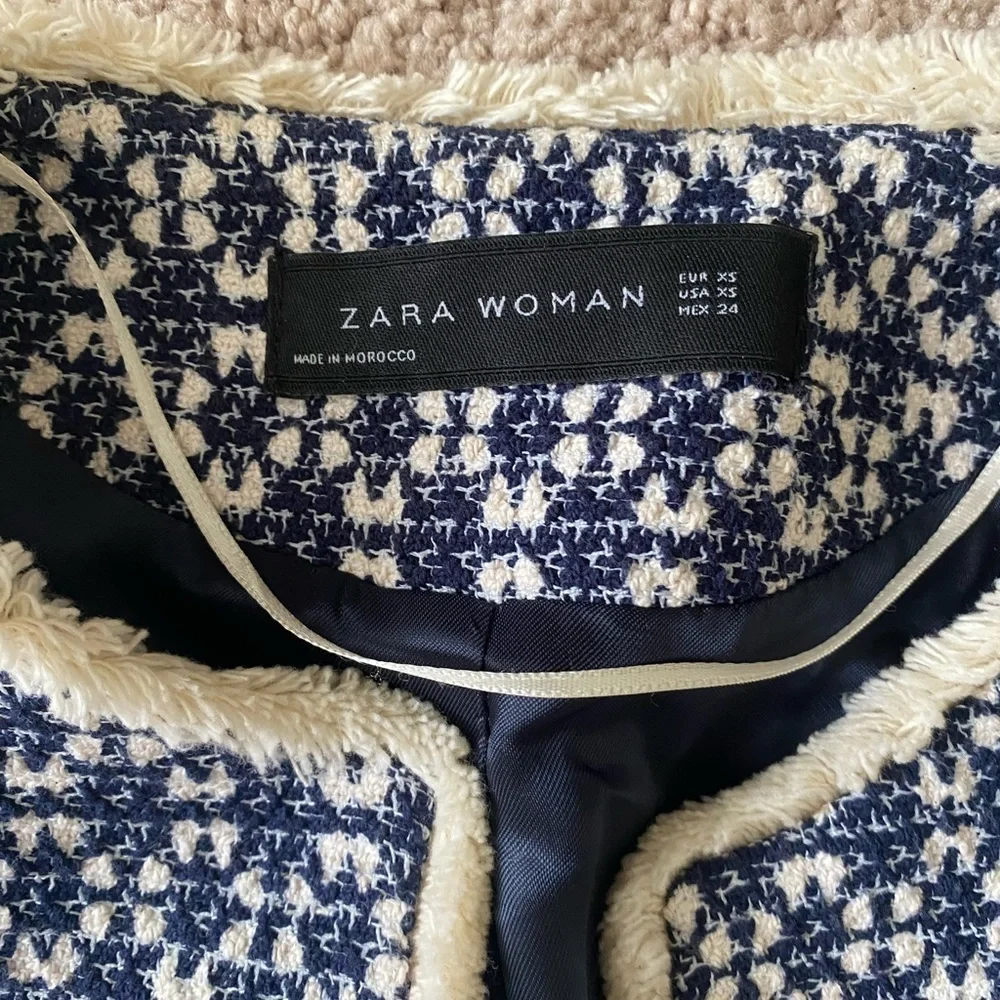 Zara- Viral “That Coat” Navy and White Tweed Long Sleeve Open Front Jacket